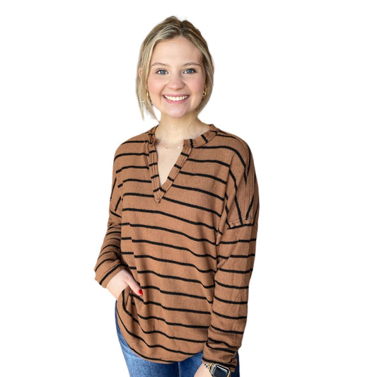 Stripe Exposed Seam Split Neck Knit Top