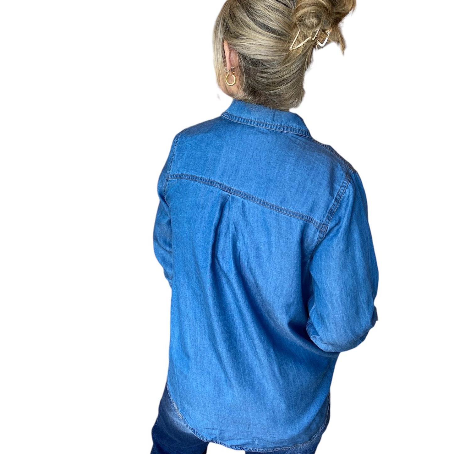 Chambray Collared 3/4 Tab sleeve Button Down Shirt