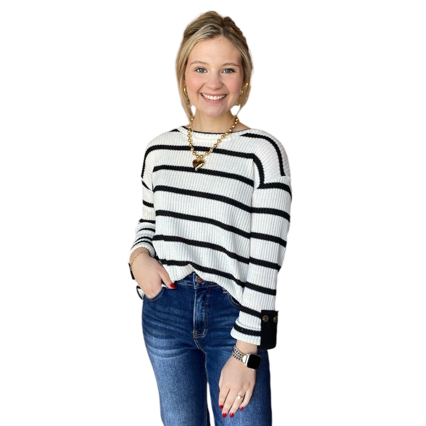 Stripe Relaxed 3/4 cuffed Sleeve Knit Top