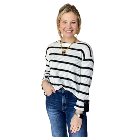 Stripe Relaxed 3/4 cuffed Sleeve Knit Top