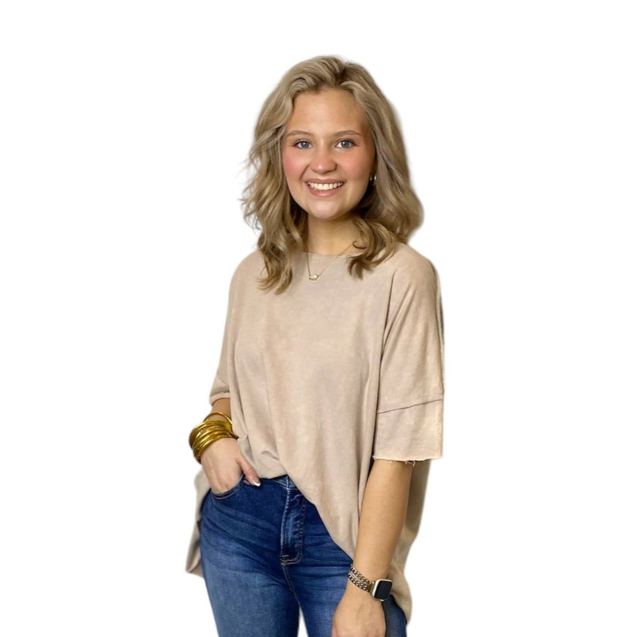 Tan Oversize Cuffed Sleeve Top