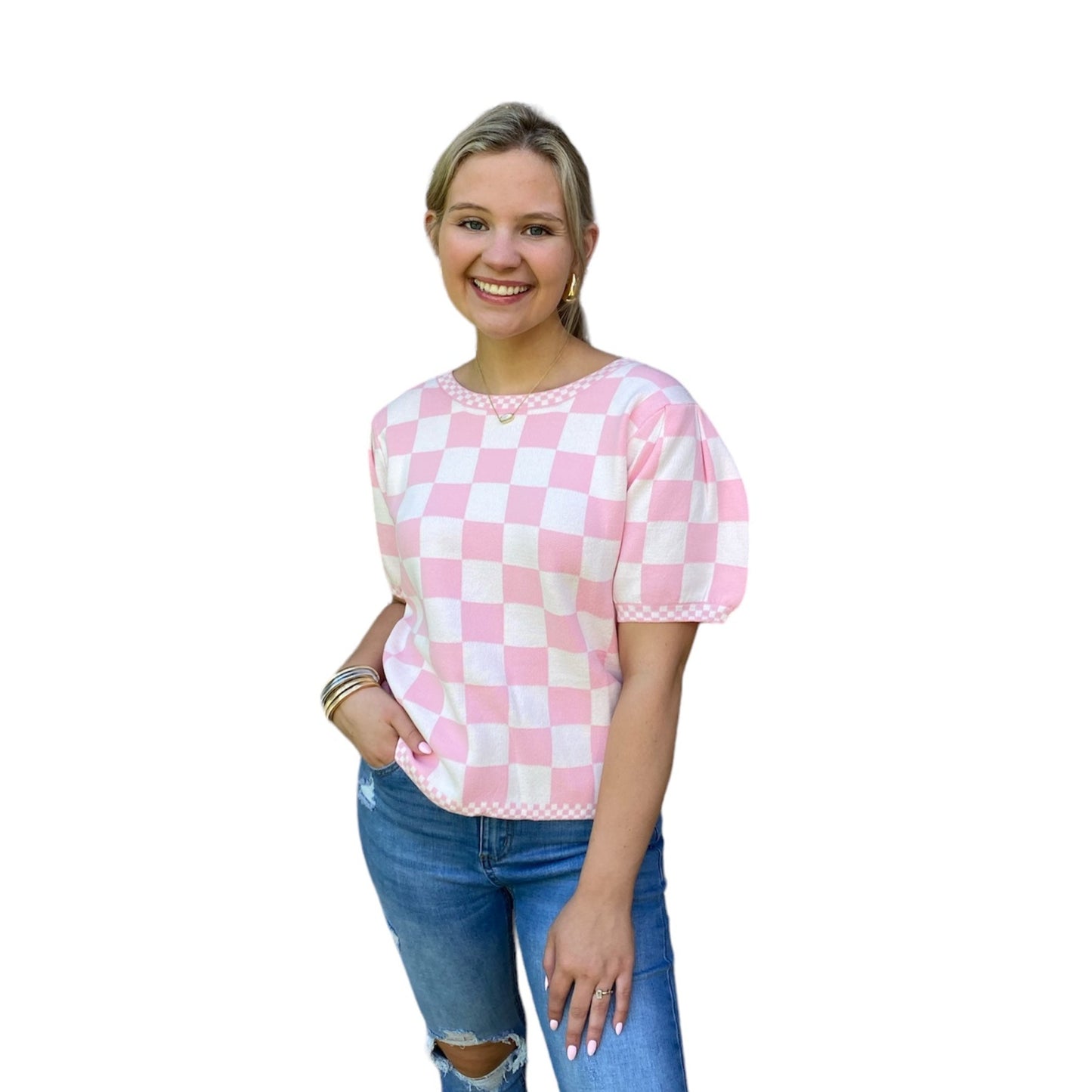 Pretty in Pink Check Pattern Sweater Top